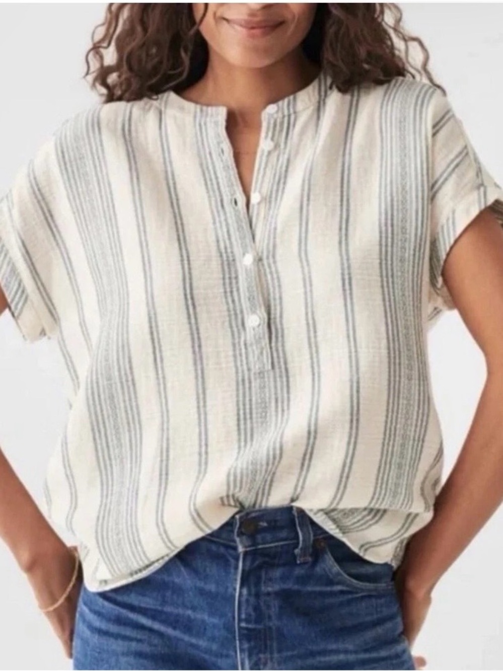 Faherty Dream Cotton Gauze Desmond Top Blue Stripe $98 MSRP